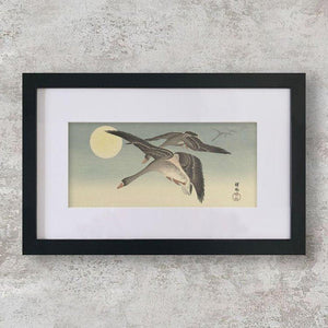 High-quality Mounted + Framed Print Geese At Full Moon - Ohara Koson Japanese Woodblock Print Ukiyo-e - City of Paradise