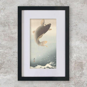 High-quality Mounted + Framed Print Leaping Carp - Ohara Koson Japanese Woodblock Print Ukiyo-e - City of Paradise