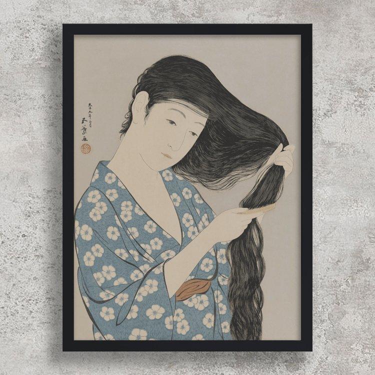 High-quality Framed Print Woman combing her hair - Hashiguchi Goyo Japanese Woodblock Print Ukiyo-e - City of Paradise